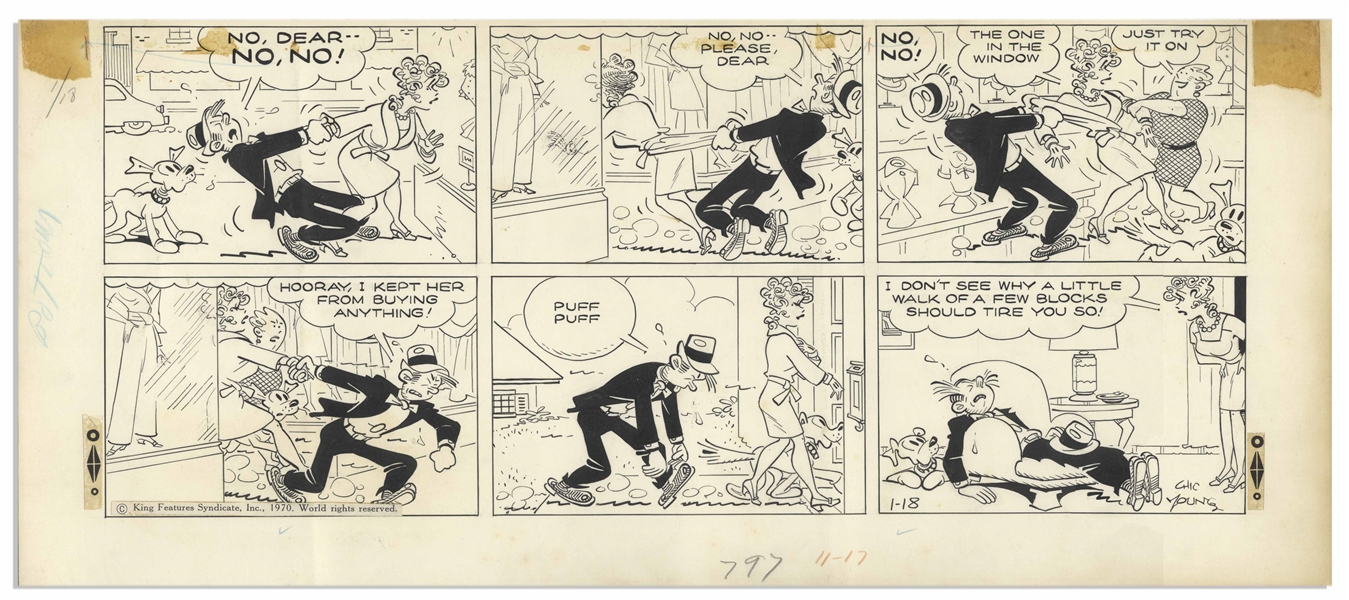 Chic Young Hand-Drawn ''Blondie'' Sunday Comic Strip From 1970 -- Featuring Blondie, Dagwood & Daisy